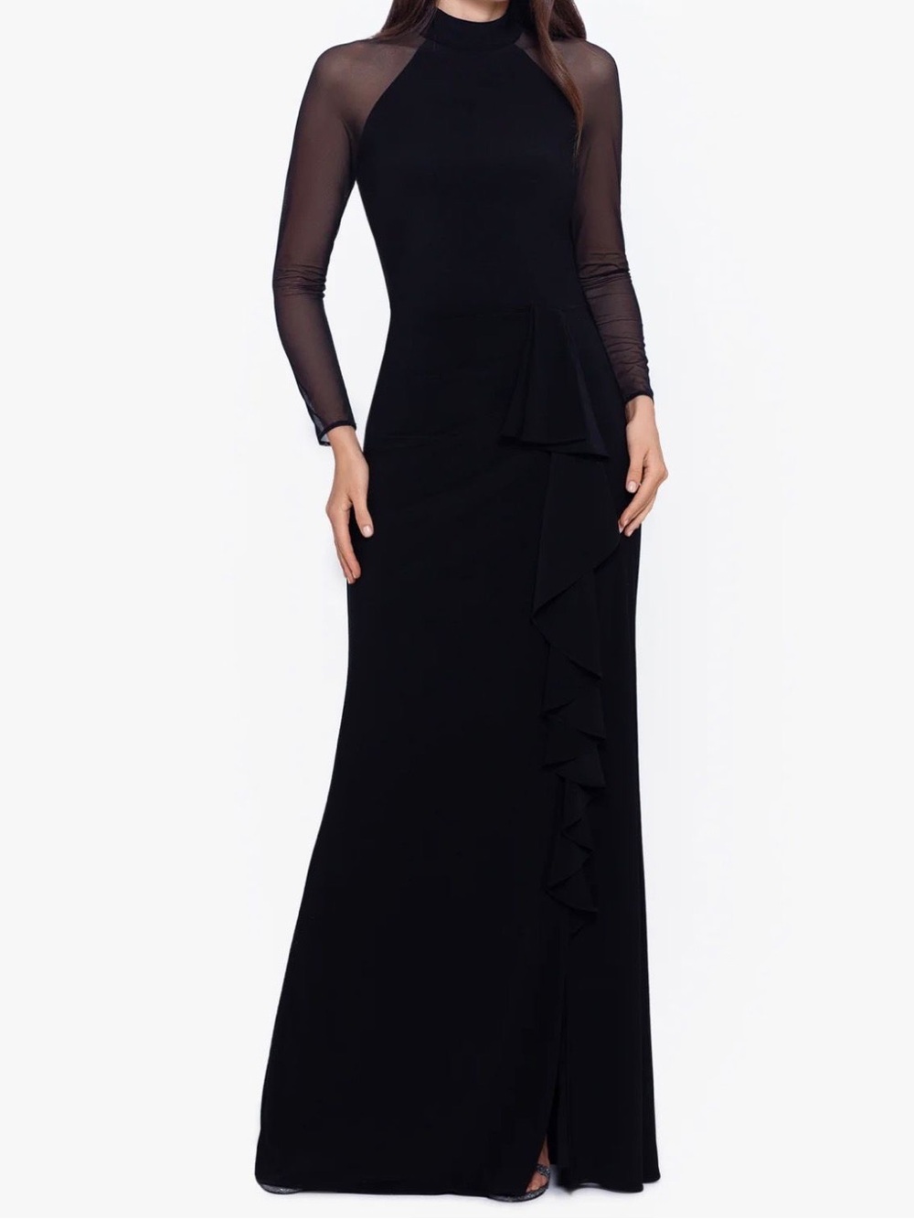 Betsy & Adam Black Long-Sleeve Mesh Panel Maxi Dress